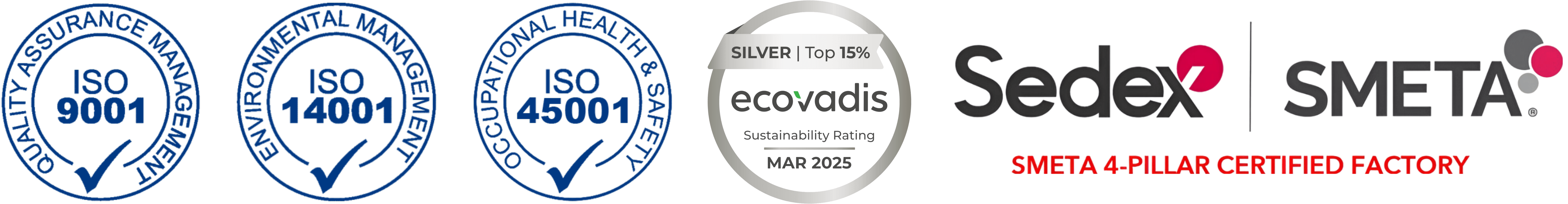 SignWorks certifications: ISO 9001, ISO 14001, ISO 45001, EcoVadis Silver, Sedex SMETA