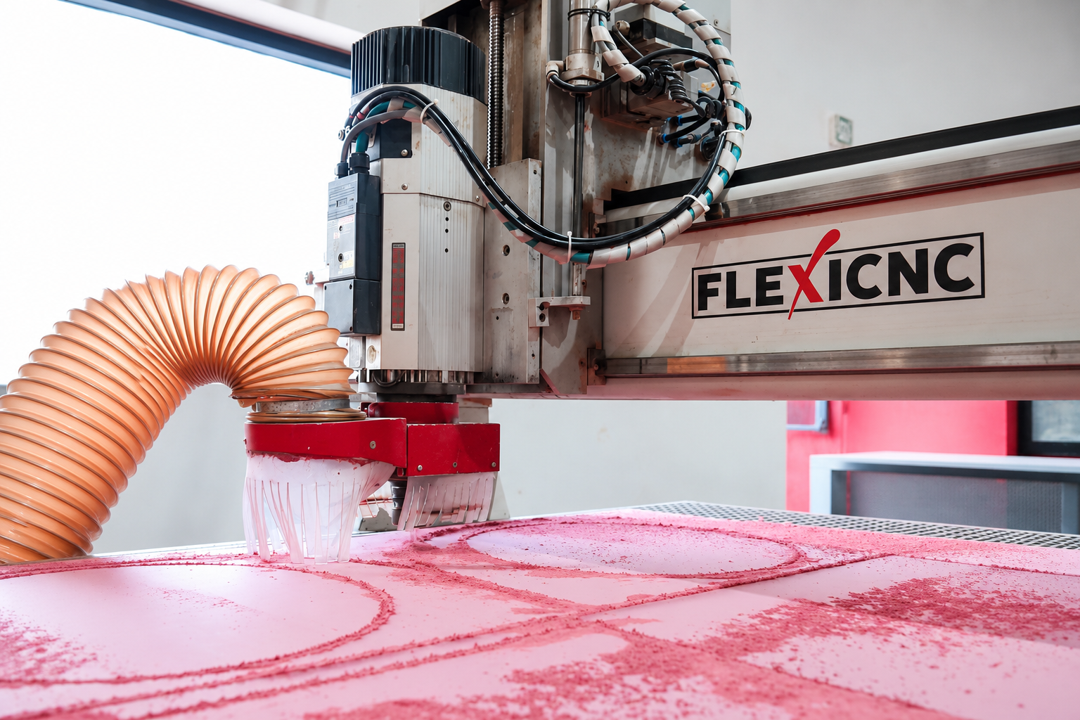 CNC router cutting a wood panel at SignWorks Dubai manufacturing facility